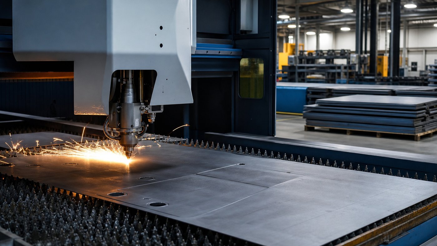 Laser cutting sheet metal on a fabrication shop floor