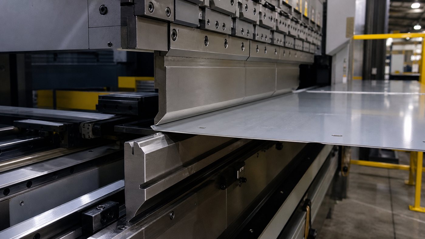 Press brake forming a metal panel