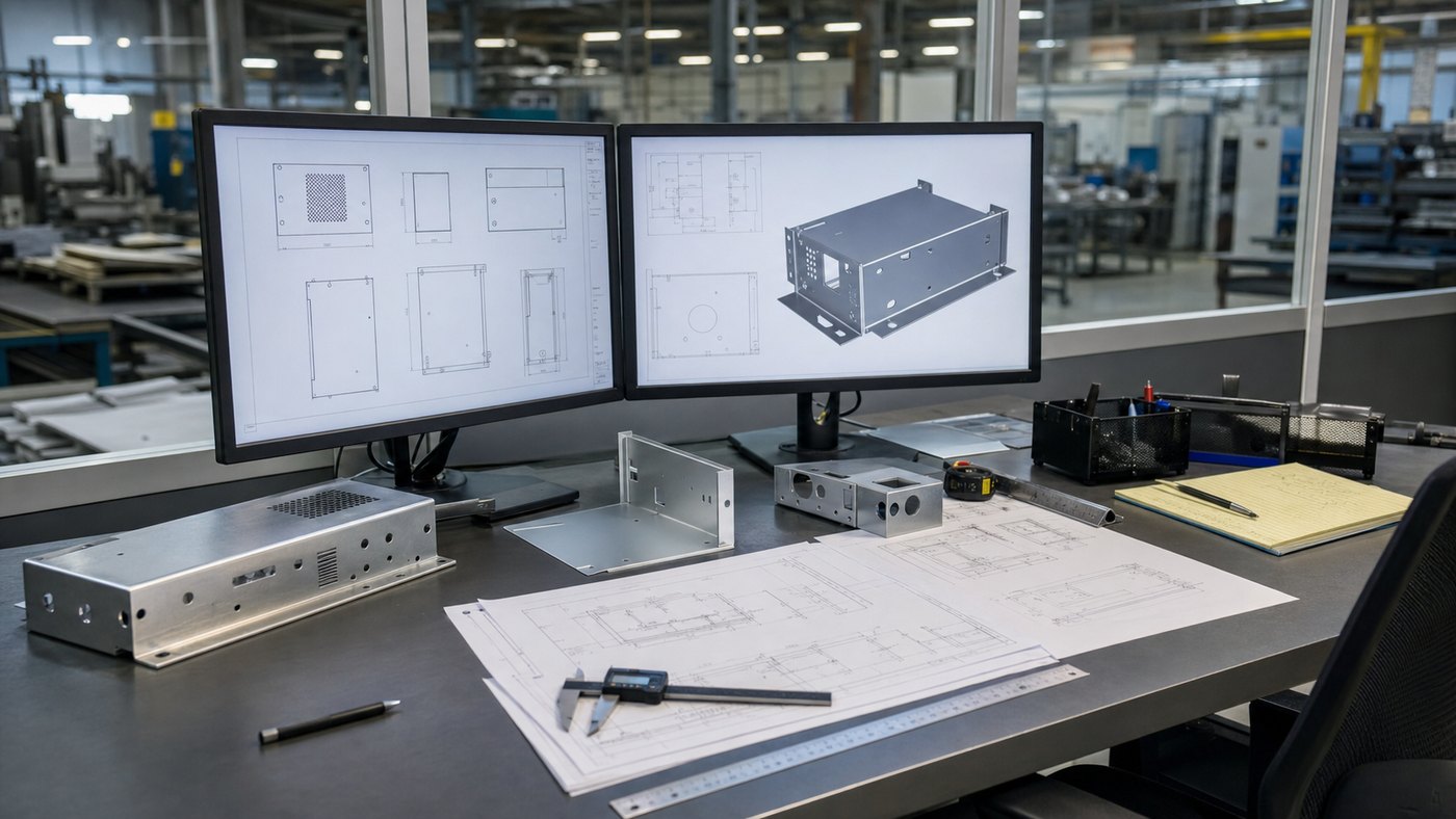 design and engineering workstation with drawings and metal samples